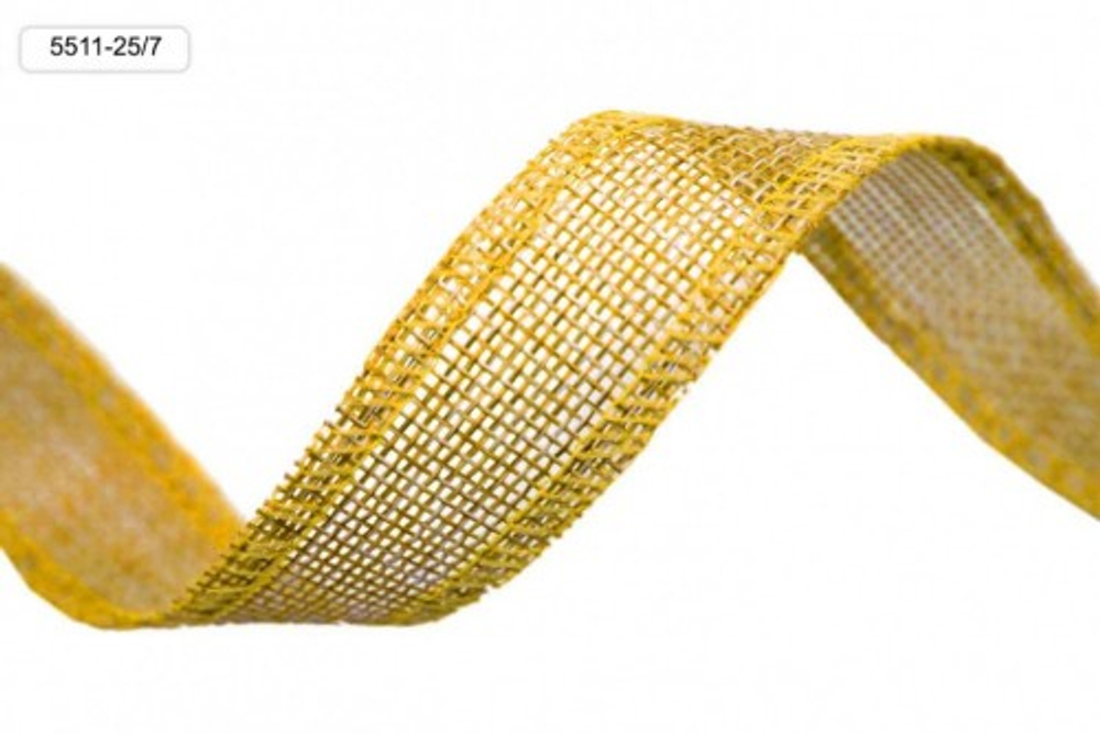 Лента Льняная 2,5см х 28м с проволокой (Желтый)