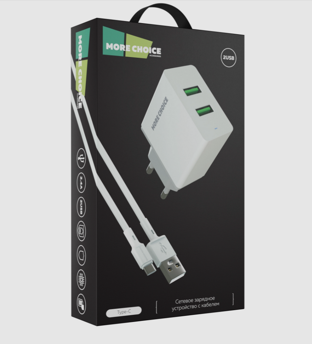 Зарядное устройство USB +кабель Type-C More Choice NC11A (2USB)