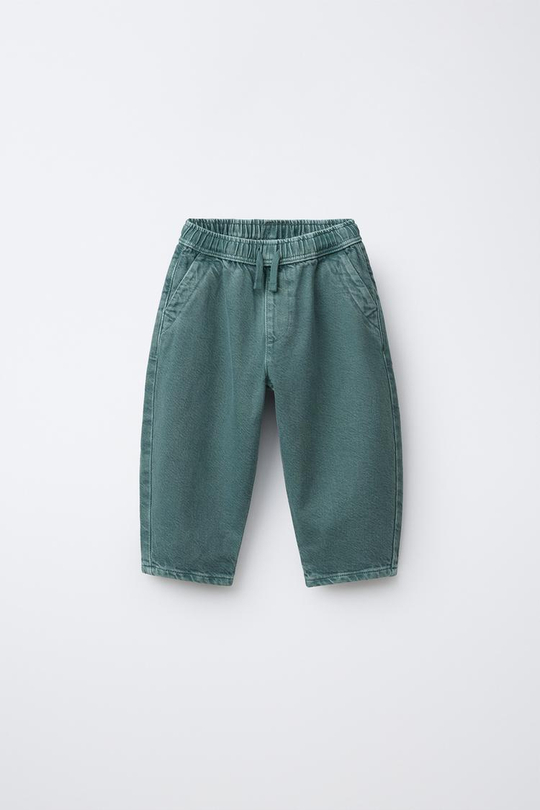 ZARA БРЮКИ BAGGY ИЗ САРЖИ, ЗЕЛЕНЫЙ