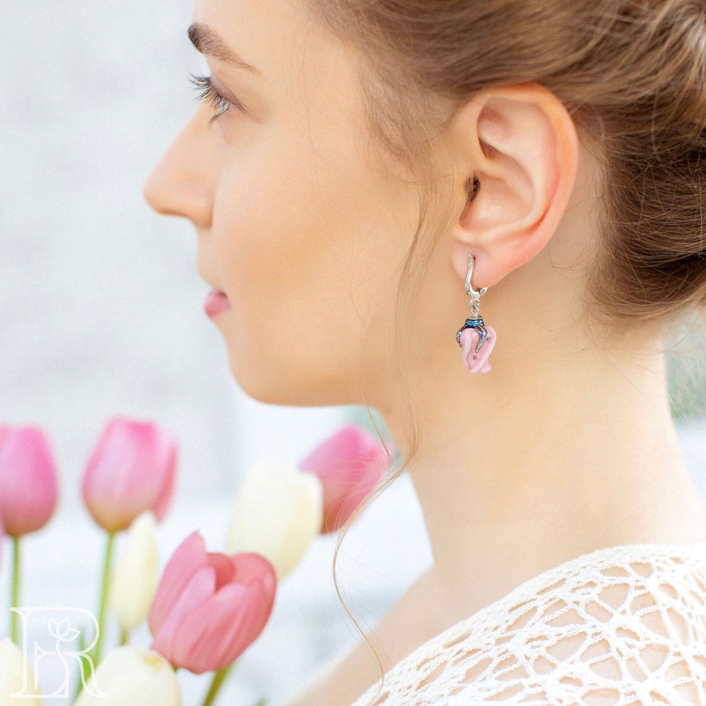 LEFIREL' Серьги серебряные женские "Ленси" с цветами из муранского стекла / ювелирные украшения из родированного серебра 925