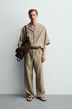 ZARA БРЮКИ RELAXED FIT ИЗ ВИСКОЗЫ И КОНОПЛИ, СЕРО-КОРИЧНЕВЫЙ