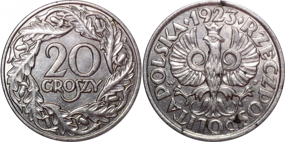 Польша 20 грошей, 1923 Никель - Герб XF