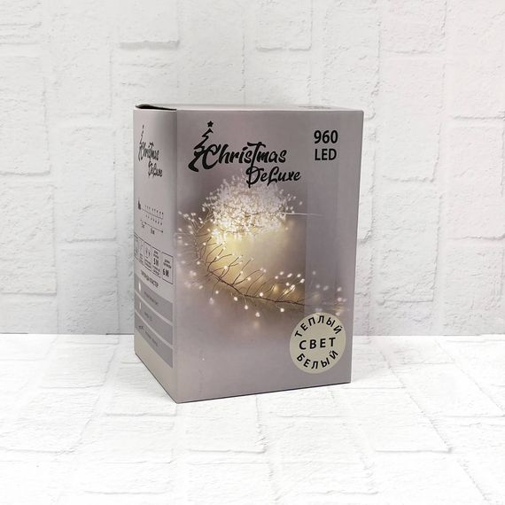 Светодиодная нить кластер 960 теплых белых ламп, 6 м., 8 режимов, зеленый провод, Christmas DeLuxe (87448)