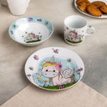 3850492 Набор детской посуды «Единорожка», 3 предмета: кружка 250 мл, миска 400 мл, тарелка 18