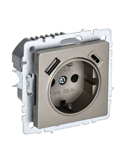 Розетка BRITE РЮш11-1-БрШ 16А с USB A+C 18Вт с заземл. защ. шторки механизм шампань IEK BR-R14-16-U22-018-K37