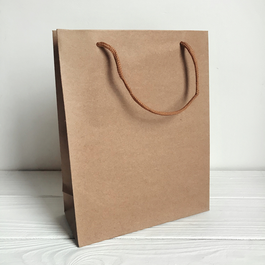 Плотный крафт пакет 250 х 190 х 80 мм, с веревочными ручками