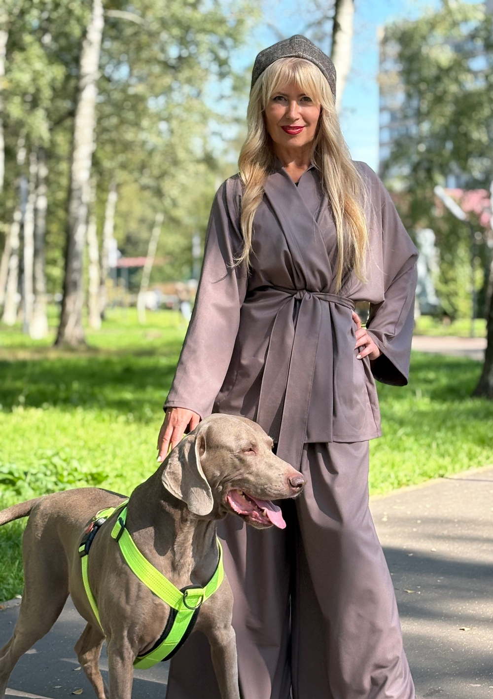 Кимоно+ палаццо пояс /кофейный /костюмная