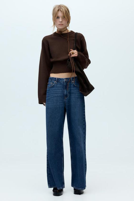 ZARA ОДНОТОННЫЙ СВИТЕР С ШИРОКИМИ РУКАВАМИ, КОРИЧНЕВЫЙ