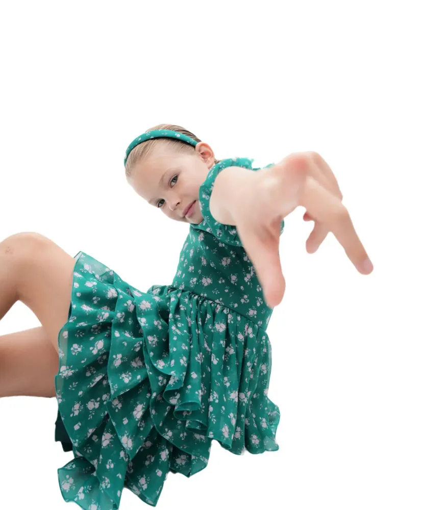 Noemi, ободок детский из зеленого шифона с мелкими розовыми цветами