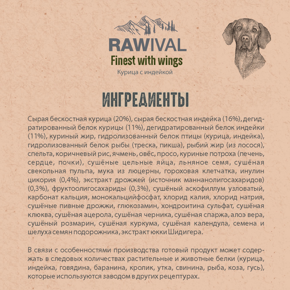 Сухой корм RAWIVAL для собак средних и крупных пород с курицей и индейкой - 10 кг