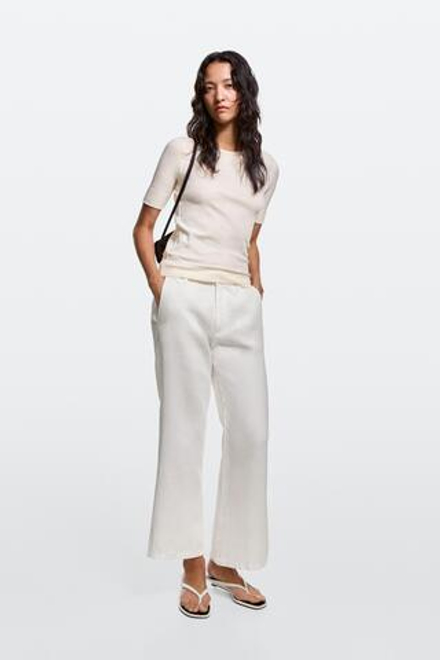 Massimo Dutti Укороченные льняные брюки клеш, белый