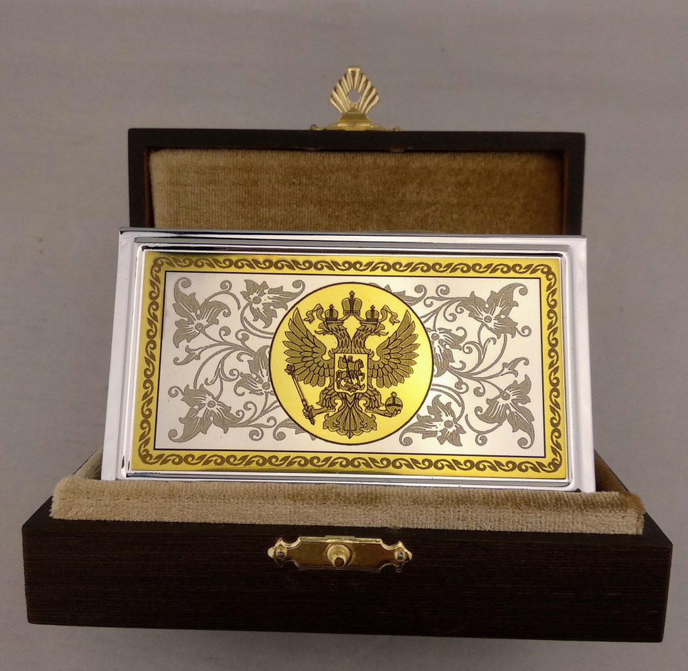 Стильная металлическая визитница "Герб РФ" с цирконием