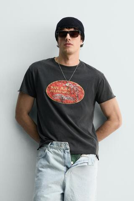 ZARA ФУТБОЛКА SAN JUAN, ПУЭРТО-РИКО С ЭФФЕКТОМ ПОТЕРТОСТИ, ЧЕРНЫЙ
