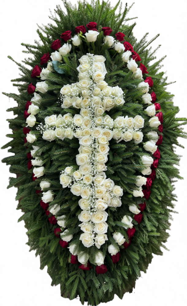 Траурный венок из живых белых роз в форме креста с красными розами и натуральной хвоей, размер 180 см