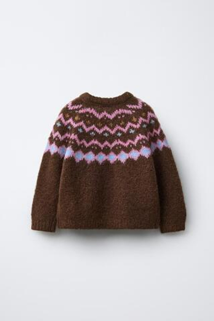 ZARA ТРИКОТАЖНЫЙ СВИТЕР С КОНТРАСТНЫМ УЗОРОМ, ШОКОЛАДНЫЙ