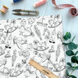 Ткань оксфорд 600 эскизы детских игрушек на бежевом фоне