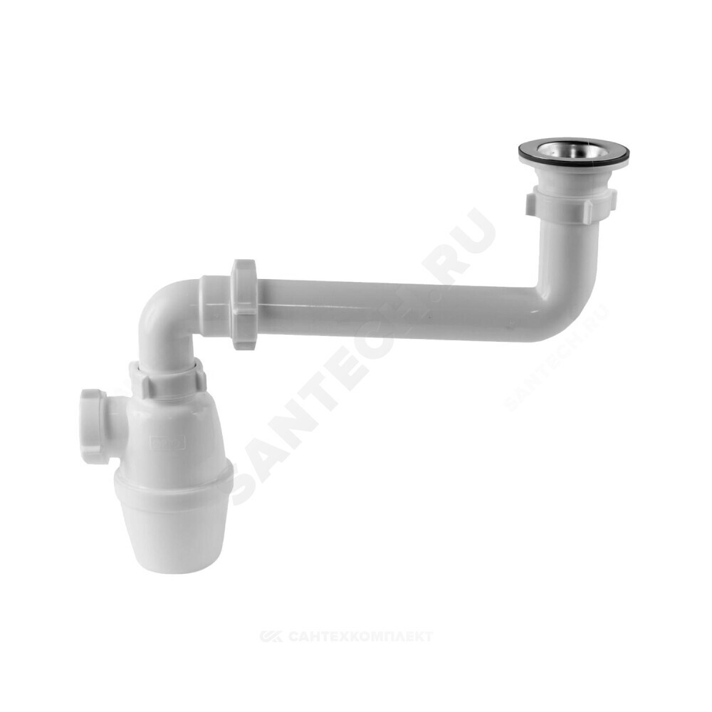 Сифон для умывальника/мойки бутылочный 1 1/2"x40 со смещенным сливом выпуск с нержавеющей решёткой D=70мм Орио К-4003