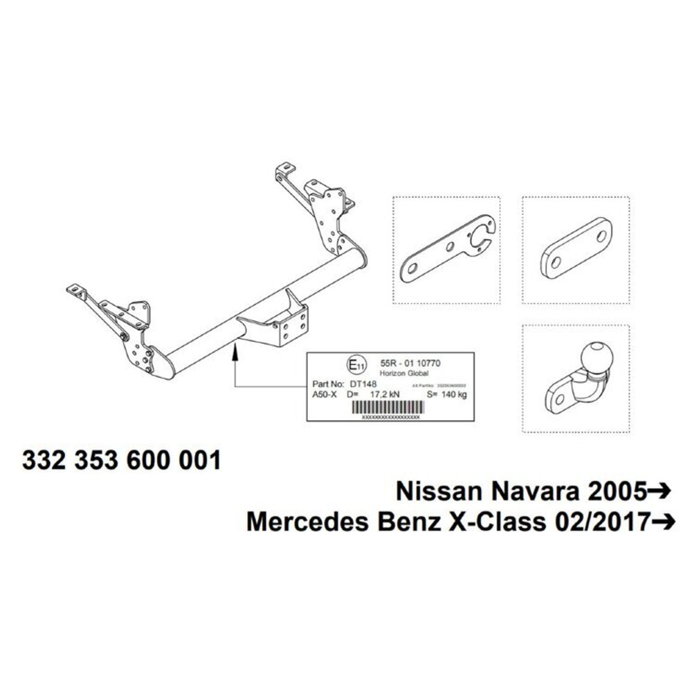 Фаркоп Westfalia 332353600001 Mercedes X-Class 2017-, Nissan Navara 2005-2015(паспорт и сертификат в комплекте)(без электрики)