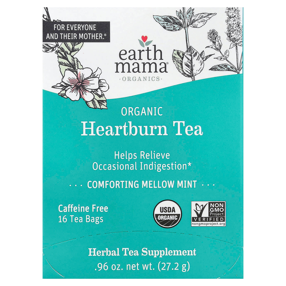 Earth Mama, Organics, органический чай от изжоги, успокаивающая мята, без кофеина, 16 чайных пакетиков, 27,2 г (0,96 унции)