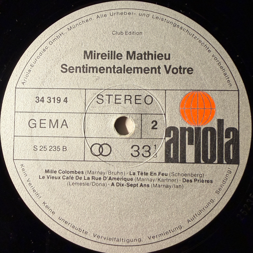 Mireille Mathieu ‎– Sentimentalement Votre (Германия 1977г.) Club