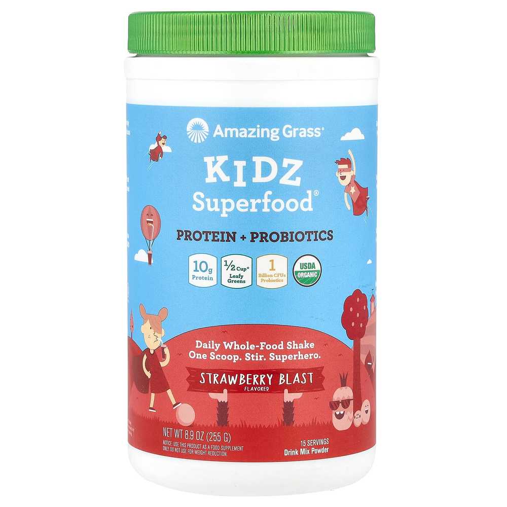 Amazing Grass, Kidz Superfood, протеин и пробиотики, клубничный взрыв, 255 г (8,9 унции)