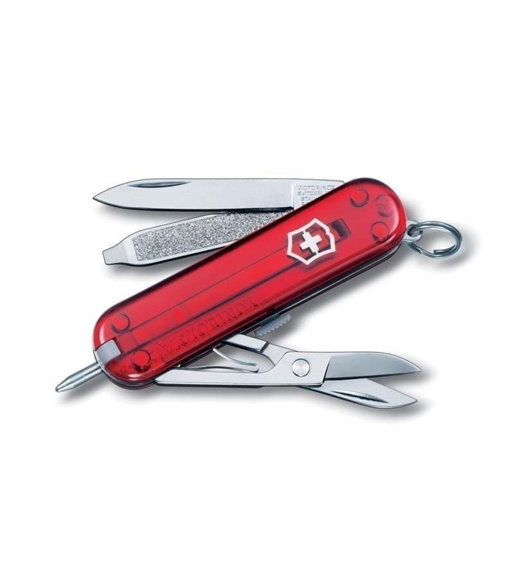 Нож-брелок VICTORINOX Signature, 58 мм, 7 функций, полупрозрачный красный