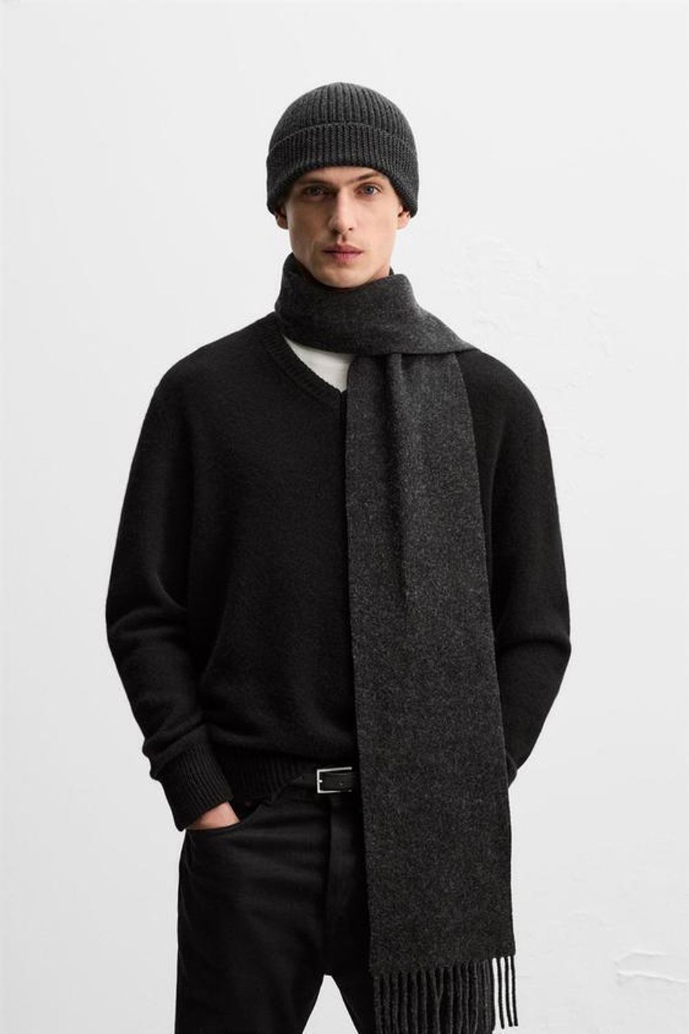 ZARA ШАРФ ИЗ 100% ШЕРСТИ, СЕРЫЙ С МЕЛАНЖЕВЫМ ЭФФЕКТОМ