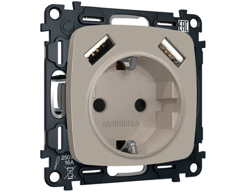 MO369010 Комплект механизма электрической розетки OMEGA Серо-бежевый матовый 2USB A+A 18W (быстрая зарядка) с/з QUANT (OP3690, VM155)
