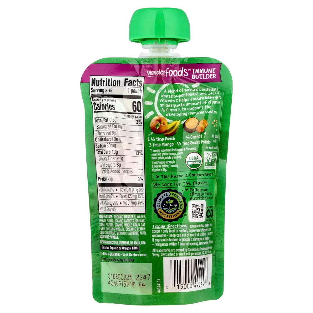 Gerber, Organic Mango, Peach, Carrot, Sweet Potato, Oatmeal, Toddler, 12+ Months, 3.5 oz (99 g)