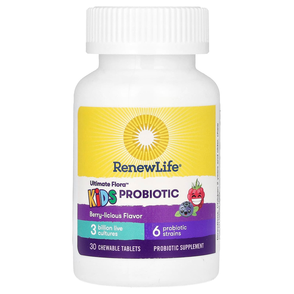Renew Life, Ultimate Flora, пробиотик для детей, со вкусом ягод, 3 млрд живых культур, 30 жевательных таблеток