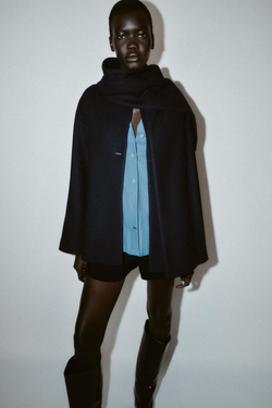 ZARA КОРОТКОЕ ПАЛЬТО ИЗ СМЕСОВОЙ ШЕРСТИ С ШАРФОМ, МОРСКОЙ СИНИЙ