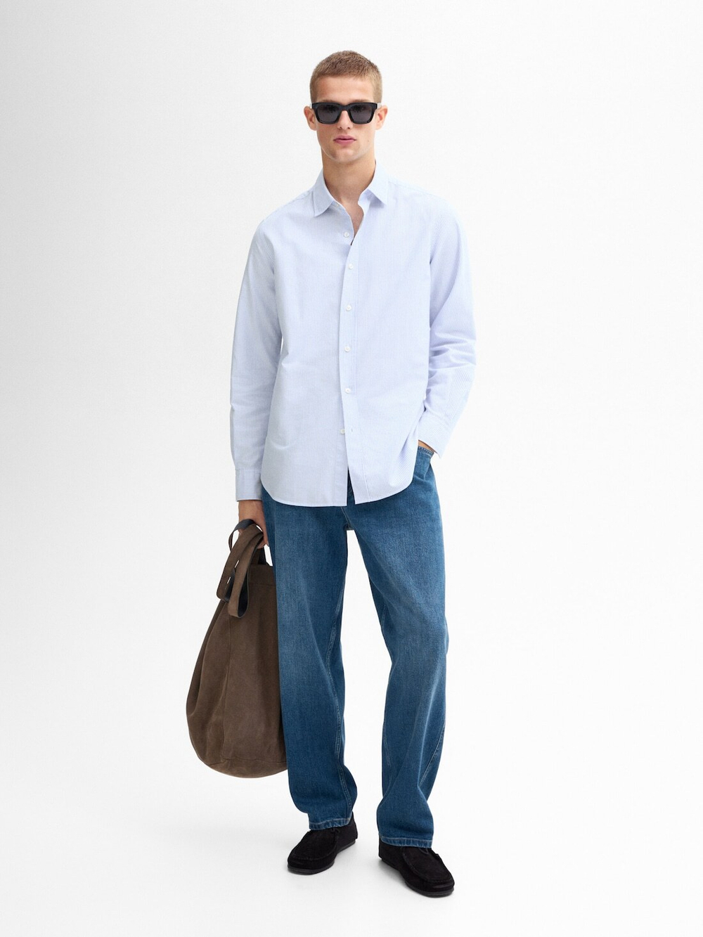 Massimo Dutti Рубашка оксфорд из 100% хлопка в полоску, небесно-голубой