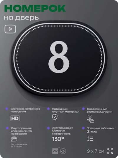 Номерок на дверь квартиры 8, для кабинета, офиса, шильдик 9 х 7 см, черный, Айдентика Технолоджи