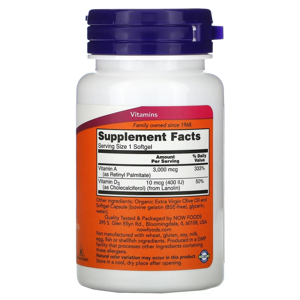 Now Foods Vitamins A & D 10000 / 400 МЕ 100 softgels, Витамин А и Д3