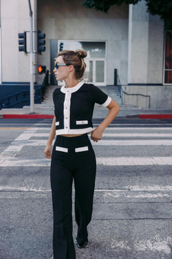 ZARA БРЮКИ ИЗ БУКЛЕ С КОНТРАСТНОЙ ОТДЕЛКОЙ, ЧЕРНЫЙ/БЕЛЫЙ