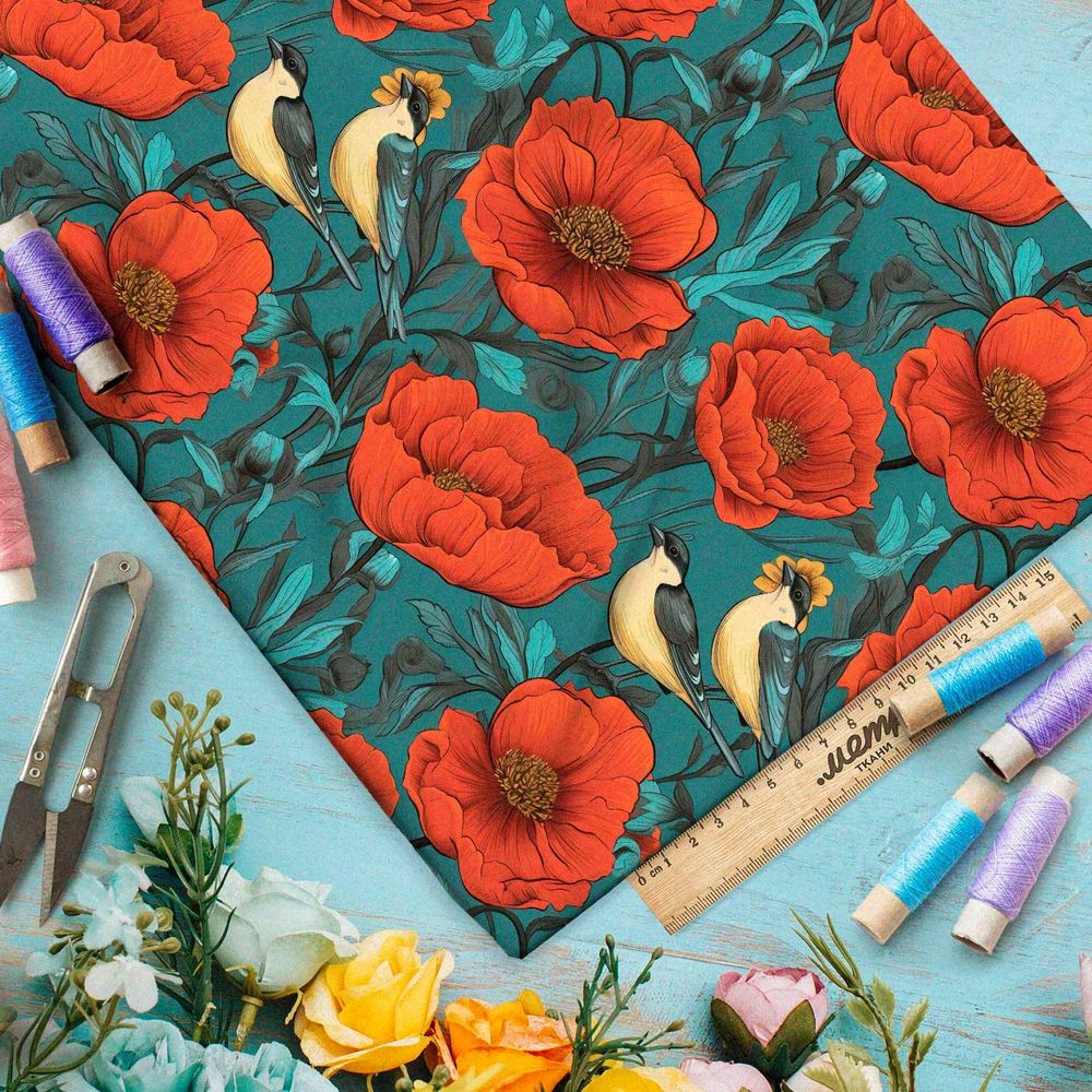 Ткань премиум шелк искусственный Армани маковое поле