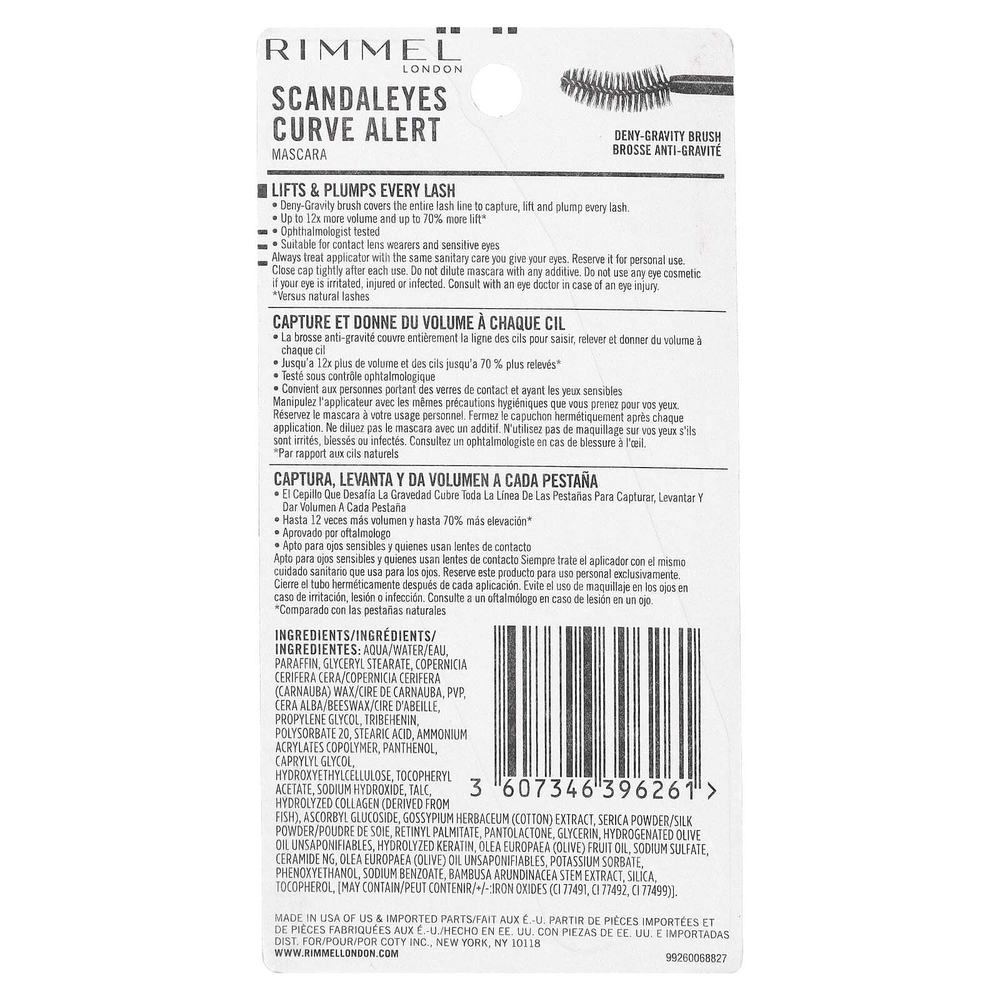 Rimmel London, Scandaleyes, Curve Alert, тушь для ресниц, оттенок 001 черный, 12 мл (0,41 жидк. унции)