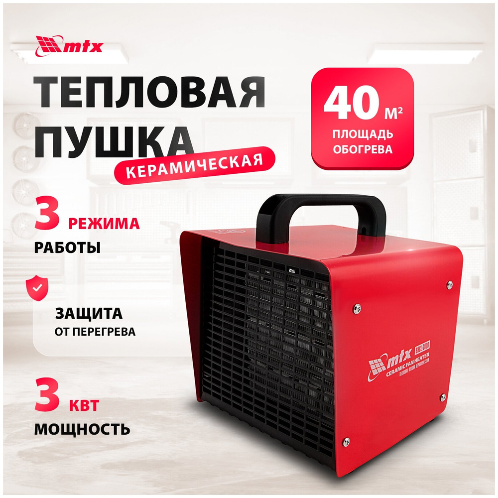 Тепловая пушка керамическая MTX SHCL-3000, квадратная, 230 В, 480 м3/ч, 1/3 кВт, арт. 96403