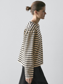 Massimo Dutti Футболка оверсайз из смесового хлопка в полоску, ванильный