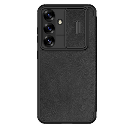 Кожаный чехол книжка черного цвета от Nillkin для смартфона Samsung Galaxy S25+, серия Qin Pro Leather с сдвижной защитной шторкой для камеры