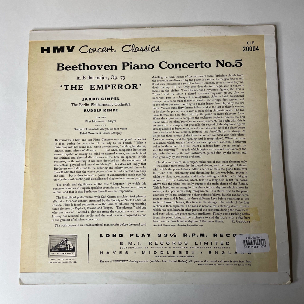 Винтажная виниловая пластинка LP Beethoven Бетховен, Jakob Gimpel, Berlin Philharmonic Orchestra, Rudolf Kempe Emperor Concerto (Англия 1964)