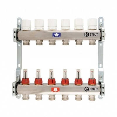 Коллекторная группа STOUT - 1" на 7 контуров 3/4" (нерж.сталь, с расходомерами)
