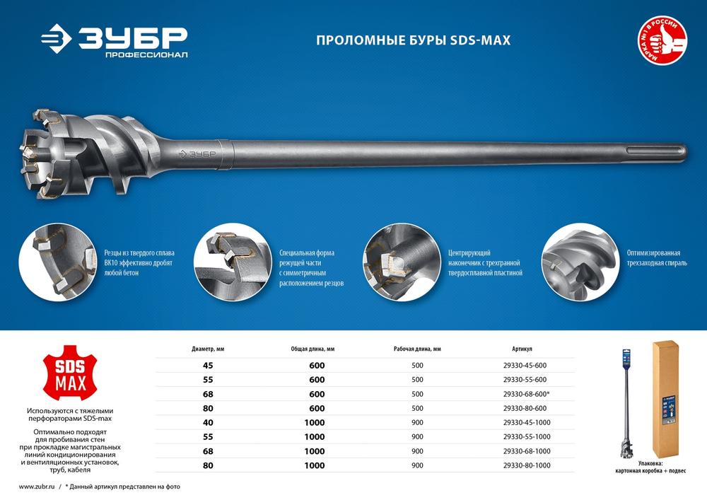 ЗУБР 68 х 900/1000 мм, SDS-max проломной бур, Профессионал (29330-68-1000)