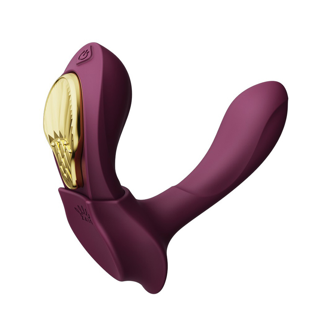 Фиолетовый вибромассажёр в трусики 8,5см с насадкой и пультом ДУ + управление через приложение Zalo Aya Wearable Vibrator Velvet Purple