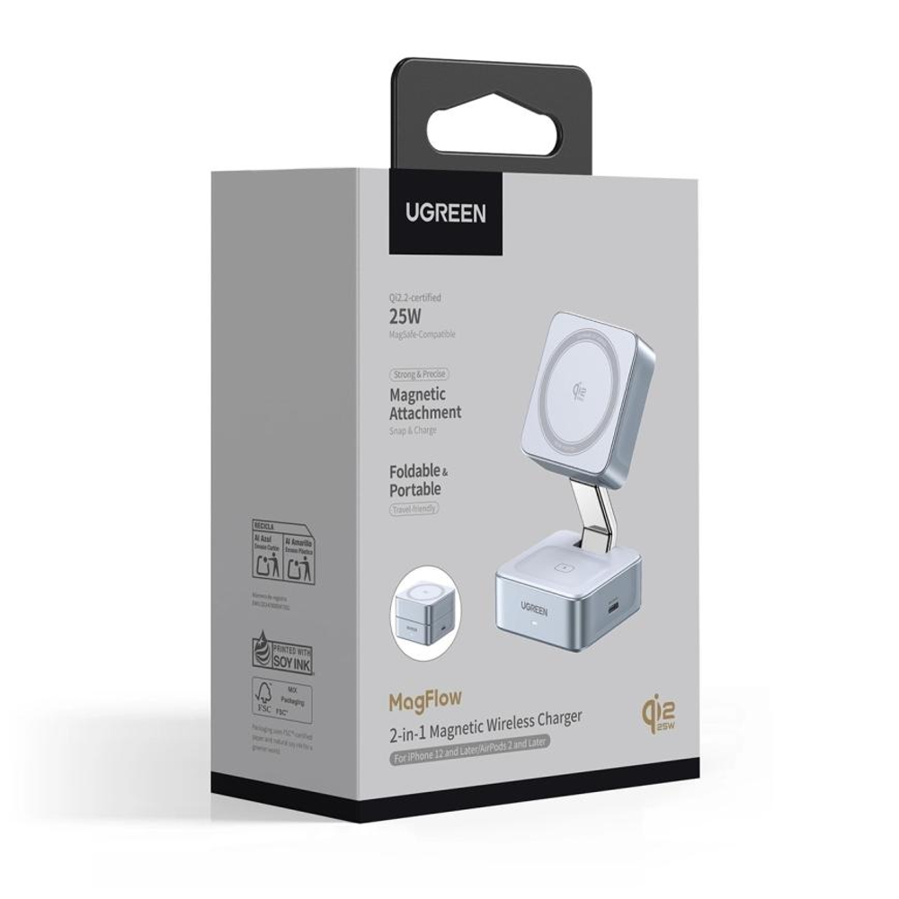 Складная зарядная станция MagSafe Ugreen MagFlow для iPhone и AirPods (Qi2.2) (W752) Беспроводная зарядка: Qi 25 Вт, Qi 5 Вт. Проводная зарядка: USB-C (5 Вт). Сертификация Qi2. Есть LED-индикация
