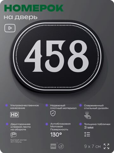 Номерок на дверь квартиры 458, для кабинета, офиса, шильдик 9 х 7 см, черный, Айдентика Технолоджи