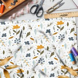 Ткань дюспо болотные листья и цветы на белом фоне