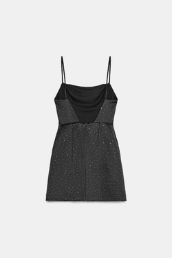 ZARA КОРОТКОЕ АТЛАСНОЕ ПЛАТЬЕ СО СТРАЗАМИ, ЧЕРНЫЙ