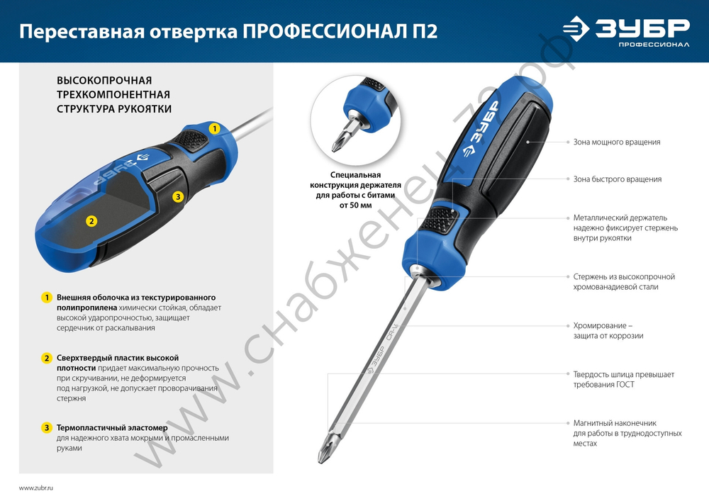 ЗУБР SL6/PH2, Переставная отвертка, Профессионал -П2 (25029)