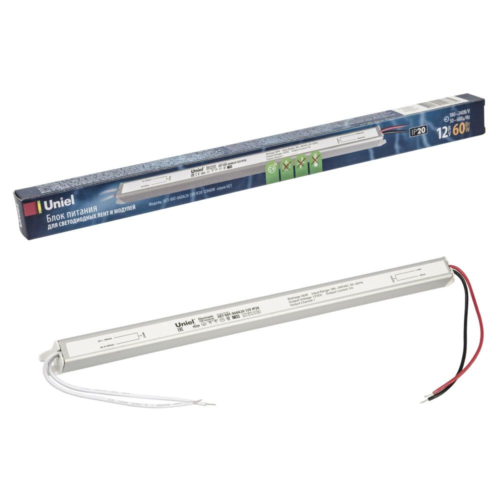 UET-VAT-060A20 12V IP20 Блок питания ультратонкий, 60Вт. Металлический корпус. TM Uniel
